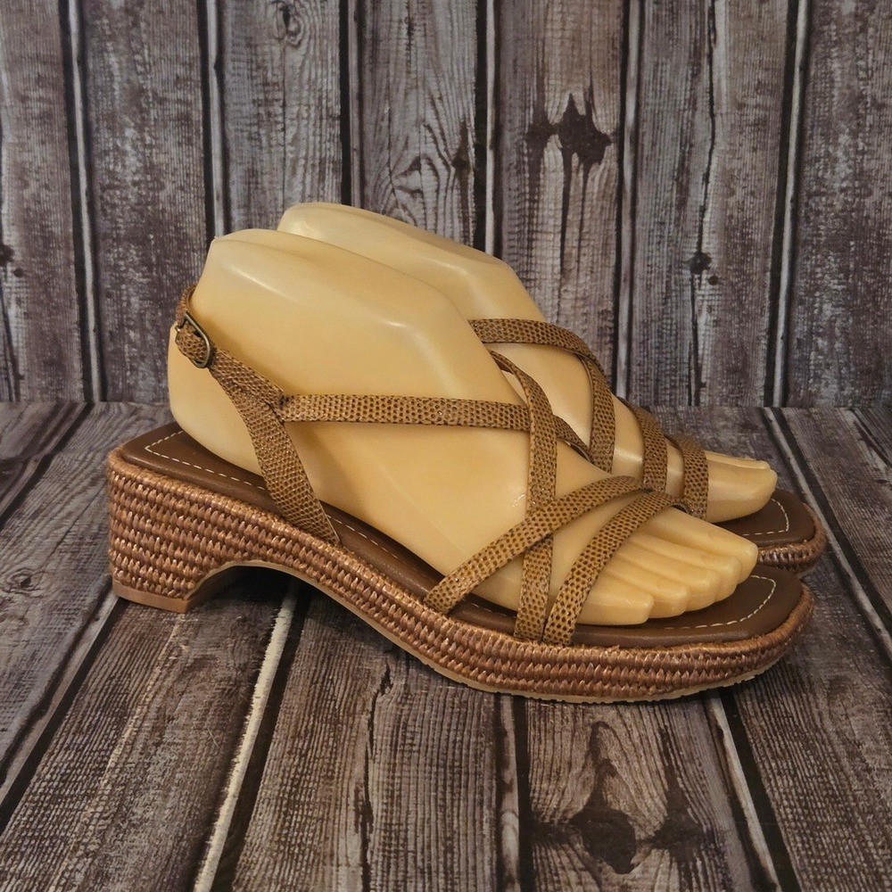 Sz 6.5 Donald Pliner Rosalie Brown Lizard Print Raffia Wedge Sandals NWOB